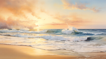 Obraz premium Vividly painted ocean waves in a mesmerizing watercolor illustration, set against a stunning sunset sky.
