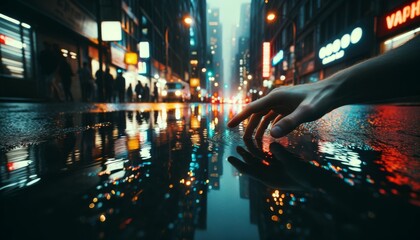 A hand touching the surface of a murky, rain-puddled street, reflecting city lights and buildings.