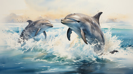 Obraz premium A whimsical watercolor painting depicting a playful scene of dolphins leaping in and out of the water.