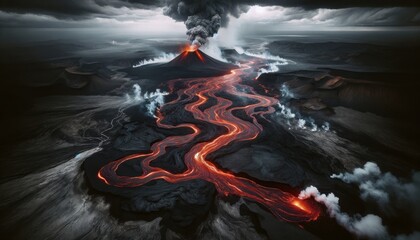 Aerial view of a dramatic landscape with a river of molten lava flowing from a volcano through a barren land.