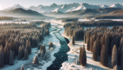 Aerial view of a serene river winding through a snow-covered landscape, surrounded by pine trees and distant mountains. - obrazy, fototapety, plakaty