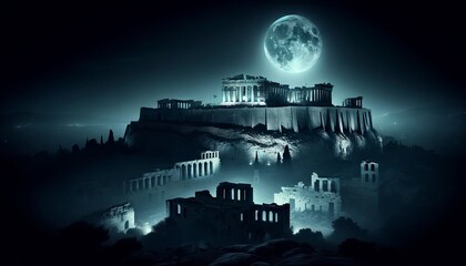 An eerie moonlit scene of the Acropolis, capturing the mysterious and timeless beauty of the ancient ruins under the light of a full moon.
