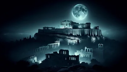 Fotobehang An eerie moonlit scene of the Acropolis, capturing the mysterious and timeless beauty of the ancient ruins under the light of a full moon. © FantasyLand86