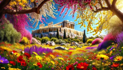 Fotobehang A vibrant springtime view of the Acropolis, with wildflowers in bloom and the ancient structures framed by the colorful flora. © FantasyLand86