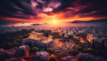 A dramatic sunset view from the Acropolis, overlooking modern Athens with the contrast between ancient and contemporary architecture.