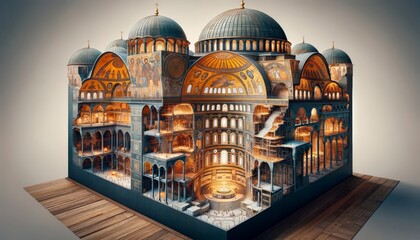 A cross-section illustration of the Hagia Sophia, showcasing the interior structure, domes, and architectural details.
