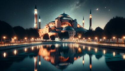 A serene night scene of the Hagia Sophia under a starry sky, reflecting the building's grandeur and historical significance. - obrazy, fototapety, plakaty