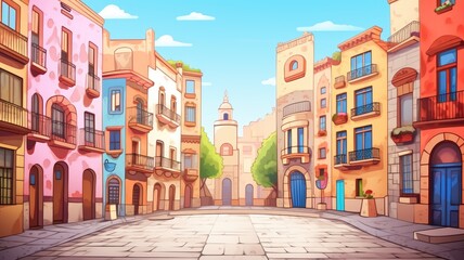 Fototapeta premium Colorful cartoon city street with vibrant buildings and trees under a clear sky