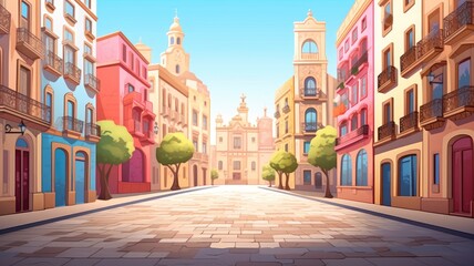 Obraz premium Colorful cartoon city street with vibrant buildings and trees under a clear sky