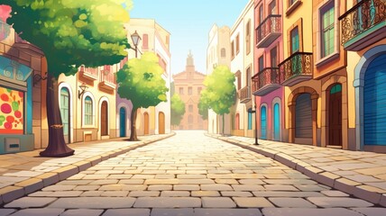 Colorful cartoon city street with vibrant buildings and trees under a clear sky