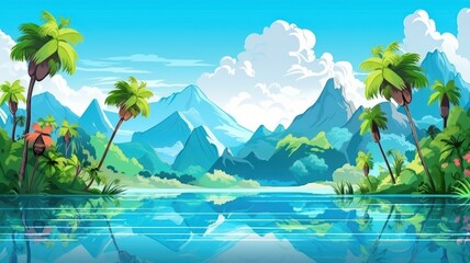 Fototapeta na wymiar cartoon tropical landscape with palm trees, blue river, and mountains