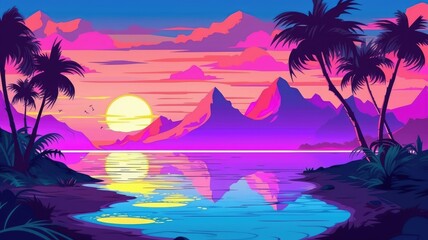 Fototapeta na wymiar cartoon sunset over serene lake with palm trees and mountain backdrop.