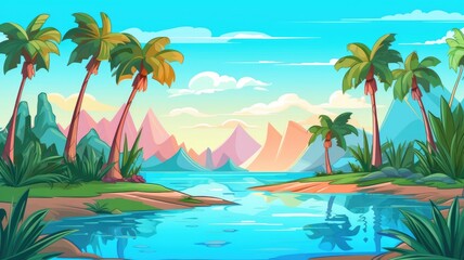 Fototapeta na wymiar cartoon tropical landscape, palm trees, calm river, colorful mountains