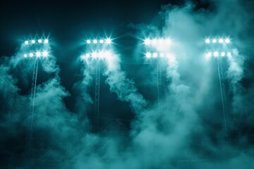 Stadium lights through with light and smoke, creating a dramatic and atmospheric scene.