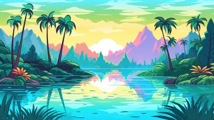 Wandcirkels tuinposter cartoon  tropical landscape, palm trees, calm river, colorful mountains © chesleatsz