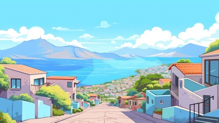 Vibrant cartoon street with colorful houses, greenery, fluffy clouds, and mountains - obrazy, fototapety, plakaty