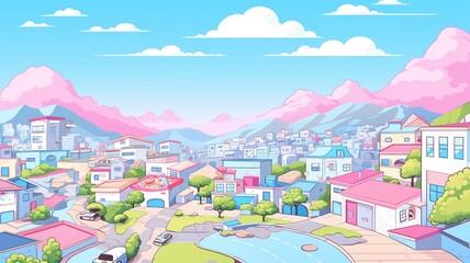 Vibrant cartoon street with colorful houses, greenery, fluffy clouds, and mountains