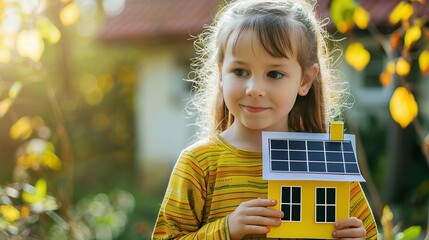 Close up of little girl holding paper model of house with solar panels.Alternative energy, saving resources and sustainable lifestyle concept.