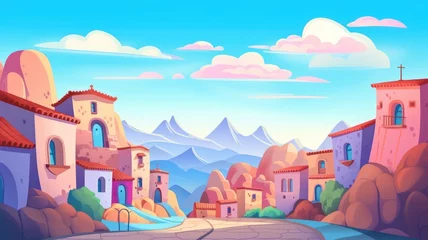 Crédence de cuisine en verre imprimé Montagnes cartoon Whimsical town with colorful buildings among rocks under a cloud-painted sky and mountains