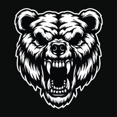 Dark Art Angry Beast Bear Skull Head Black and White Illustration