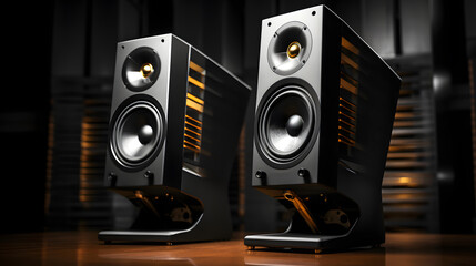 modern stereo audio speakers for listening to music. wideband sound system - obrazy, fototapety, plakaty