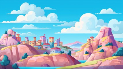 cartoon Whimsical town with colorful buildings among rocks under a cloud-painted sky and mountains