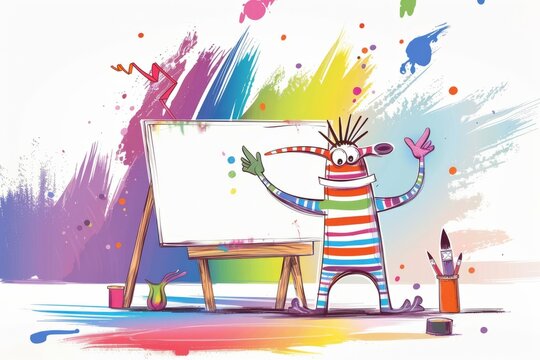 Cartoon cute doodles of a striped monster with long arms and legs, happily painting colorful stripes on a blank canvas, Generative AI