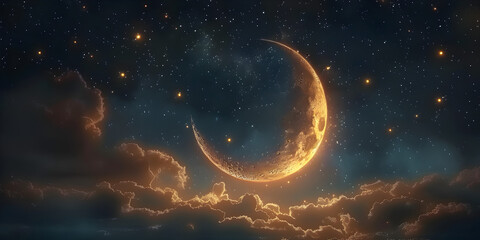 Obraz na płótnie Canvas The moon and the stars in the sky,Bright Crescent Moon Illuminating the Night Sky AI