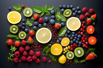 various berries, fruits and vegetables on a dark background. products and food. view from above