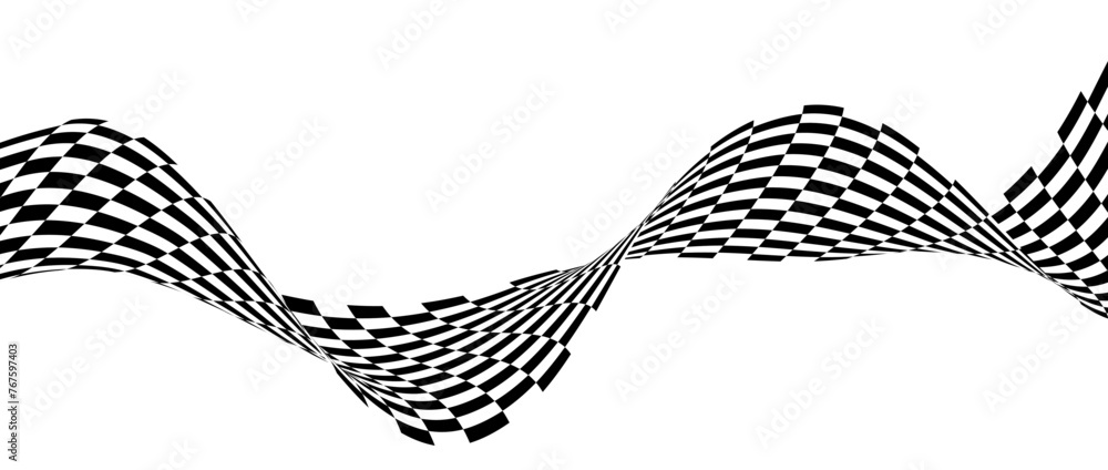 Aufkleber black and white wavy bent ribbon element. curved checkered stripe background. liquid abstract line w