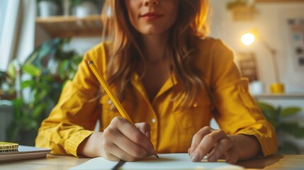 Close up view of millennial woman sit at table hold pencil take notes to paper notebook working studying. Female student businesswoman employee write records to daily planner by hand at home. - 767597448