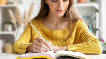 Close up view of millennial woman sit at table hold pencil take notes to paper notebook working studying. Female student businesswoman employee write records to daily planner by hand at home. - obrazy, fototapety, plakaty