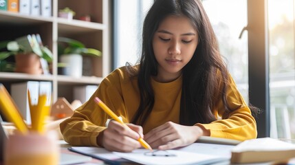 Close up view of millennial woman sit at table hold pencil take notes to paper notebook working studying. Female student businesswoman employee write records to daily planner by hand at home.