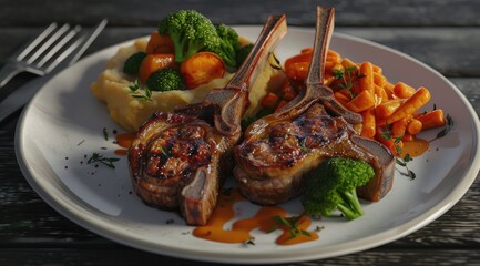Roasted lamb chops with a side of mashed sweet potato and steamed vegetables. The steamed vegetables are a mix of broccoli and carrots.