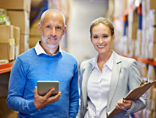 Warehouse, portrait and business people with clipboard, tablet or retail, planning or teamwork. Face, supply chain and factory team with app for inventory, stock or checklist for digital procurement