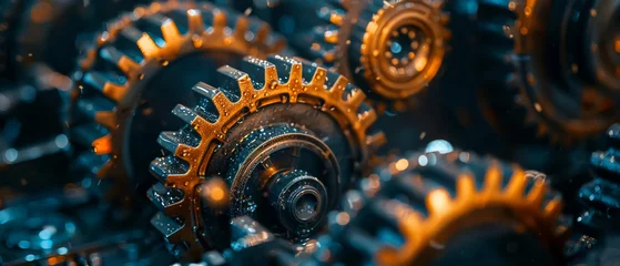 Poster Closeup detail of gleaming gears in machinery, symbolizing industrial innovation © Atchariya63