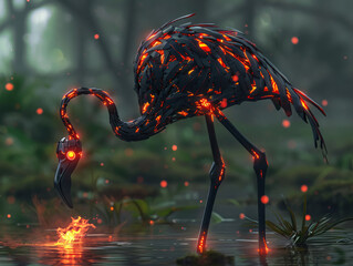 Dark flamingo robot in anime form, with glowing emberlike effects, hauntingly beautiful