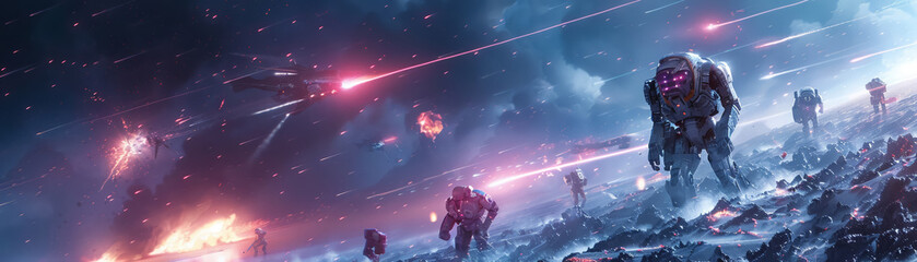 Epic battle scene of machines vs aliens, futuristic war, intense and dramatic - obrazy, fototapety, plakaty