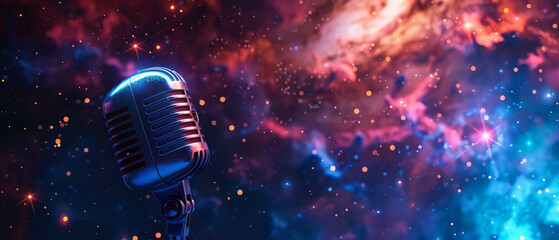 Elegant classic mic against a backdrop of colorful abstract and starry night, mystical