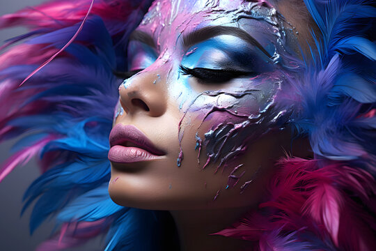 portrait of a beautiful woman model with colored bodypainting on her face. fashionable beauty and glamor
