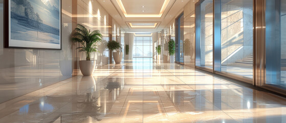 Modern bank office corridor, reflecting corporate culture, sophisticated and elegant