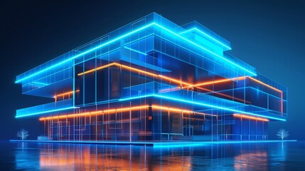 Office building hologram in blue, contrasted with orange lines on top and bottom, modern design