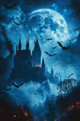 Nocturnal flight of bats, backdrop of moon, clouds, and castle, cinematic lighting effect