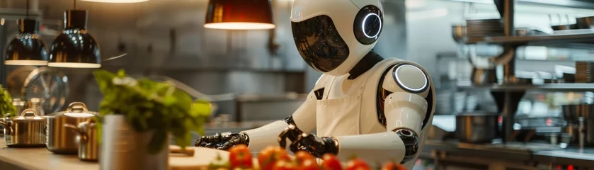 Fotobehang Robot chef in kitchen, friendly demeanor, modern restaurant cooking © Atchariya63