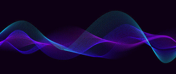 Neon flowing wavy dot lines on black background. Abstract sound wave design for ai concept, equalizer, audio record, voice assistant. Blue green purple gradient dashed curve stripes. Vector wallpaper 
