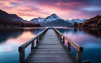 Fotobehang Wooden pier on the lake at sunset against the backdrop of the mountains. place for fishing and relaxation © photosaint