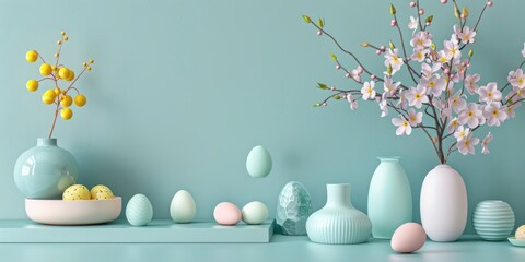 Spring Easter still life, modern decore Easter eggs in pastel blue and pink with flowers.