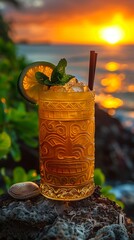 Mai Tai with a backdrop of Polynesian tiki statues and a Pacific island sunset.