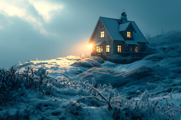 snow covered wooden house with light from the windows on a frosty winter evening against the backdrop of beautiful nature - obrazy, fototapety, plakaty