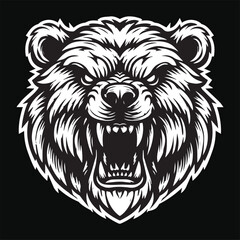 Dark Art Beast Angry Bear Head with Thick Fur Black and White Illustration